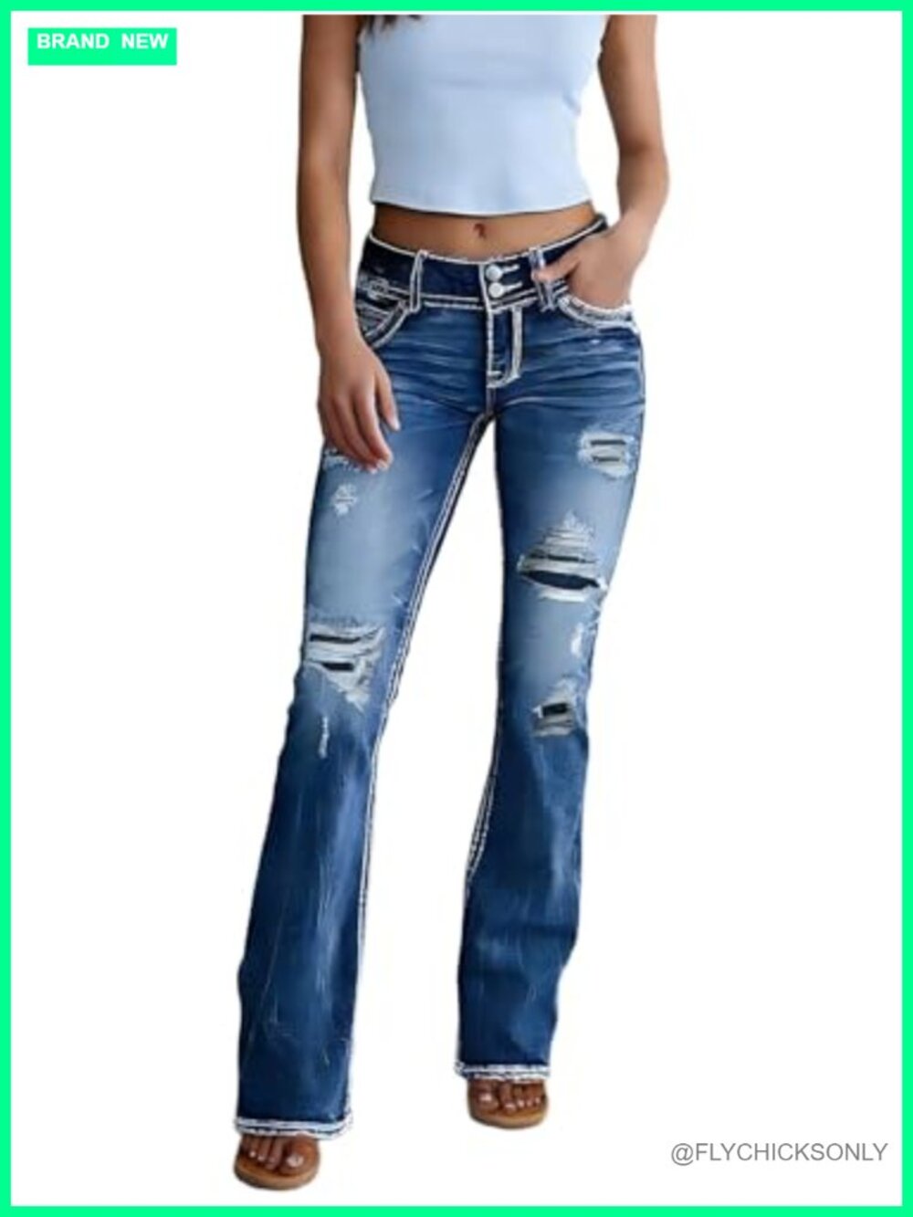 Women's Mid Rise Bootcut Jeans Stretchy Flare Denim Pants Raw Hem Ripped